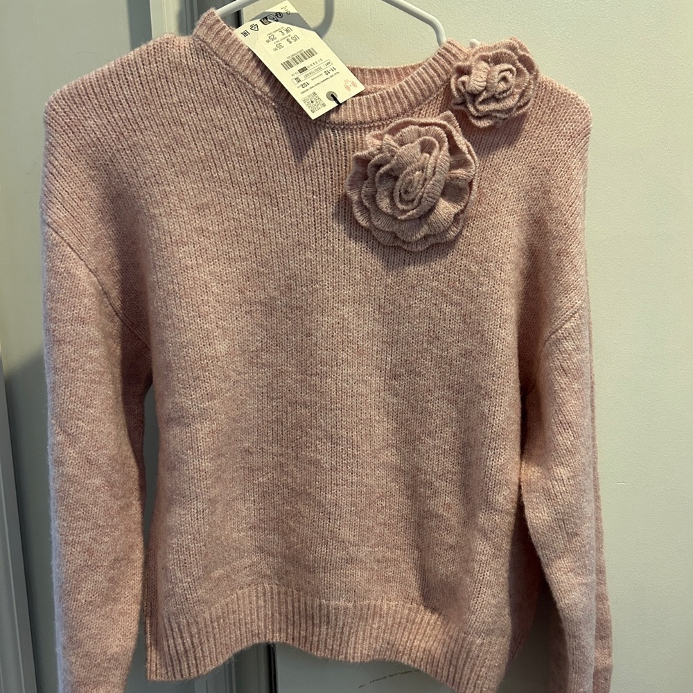Zara Girls Pink Sweater with Floral Appliqués NWT Girls size 11-12